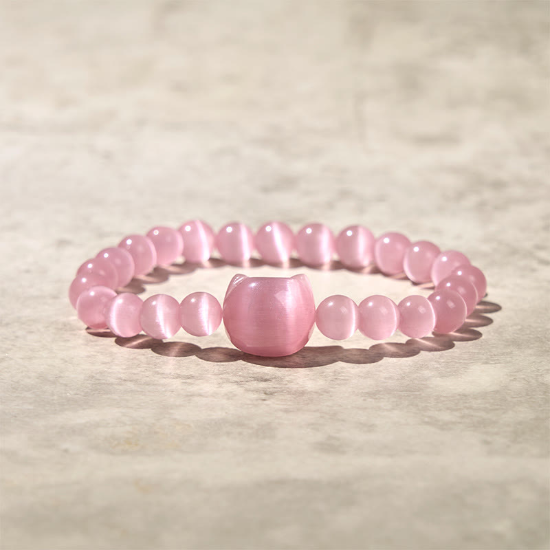 Lovely Cat Head Pink Cat's Eye White Cat's Eye Spiritual Beads Bracelet