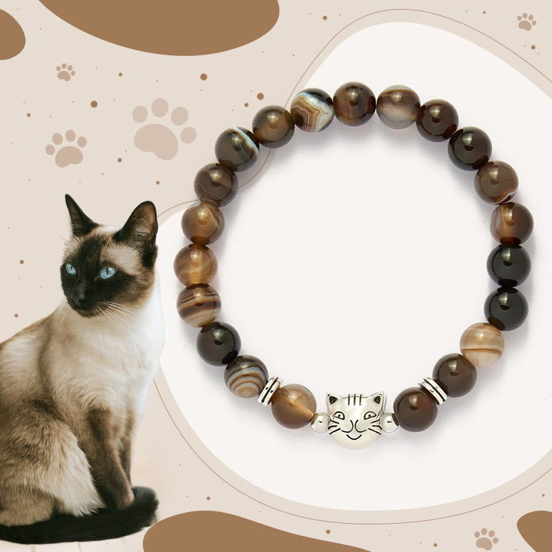 Chocolate Siamese Cat Natural Brown Striped Agate Bead Stability Bracelet