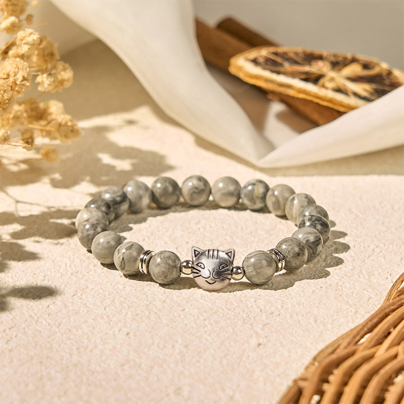Cute Cat Natural Grey Jasper Bead Healing Bracelet - Image 3