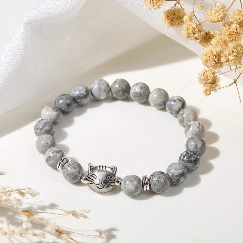 Cute Cat Natural Grey Jasper Bead Healing Bracelet