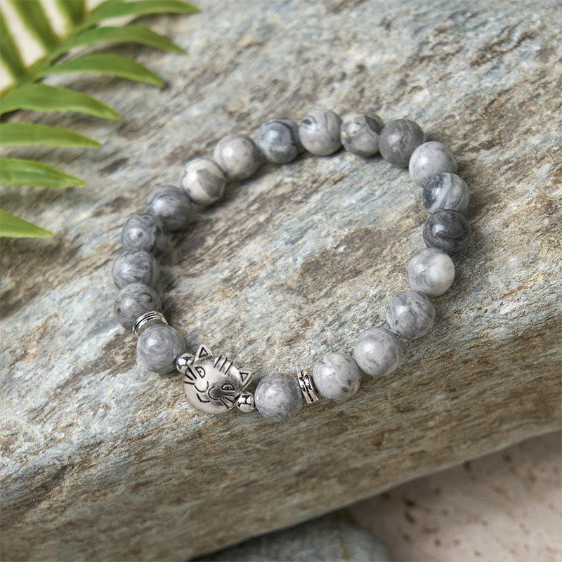 Cute Cat Natural Grey Jasper Bead Healing Bracelet - Image 6