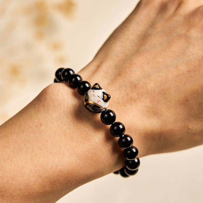 Black Cat Natural Black Onyx Ceramic Kitten Fortune Bracelet - Image 5
