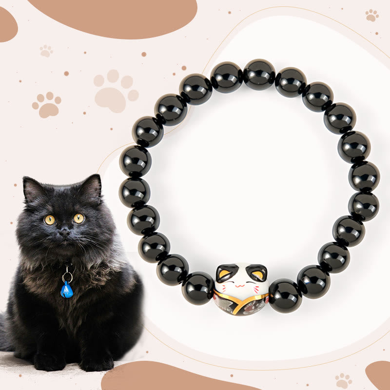 Black Cat Natural Black Onyx Ceramic Kitten Fortune Bracelet
