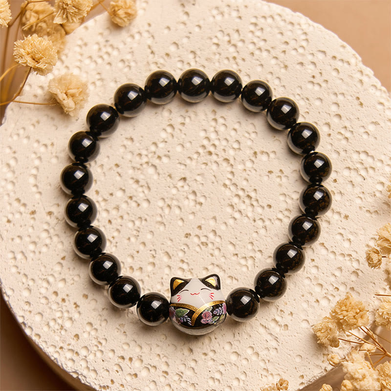 Black Cat Natural Black Onyx Ceramic Kitten Fortune Bracelet - Image 3