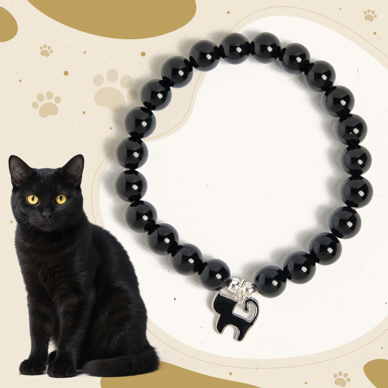 925 Sterling Silver Kitten Charm Black Cat Natural Black Onyx Protection Bracelet
