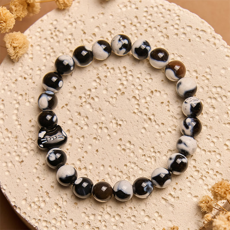 Black and White Cat Fire Agate Confidence Bracelet