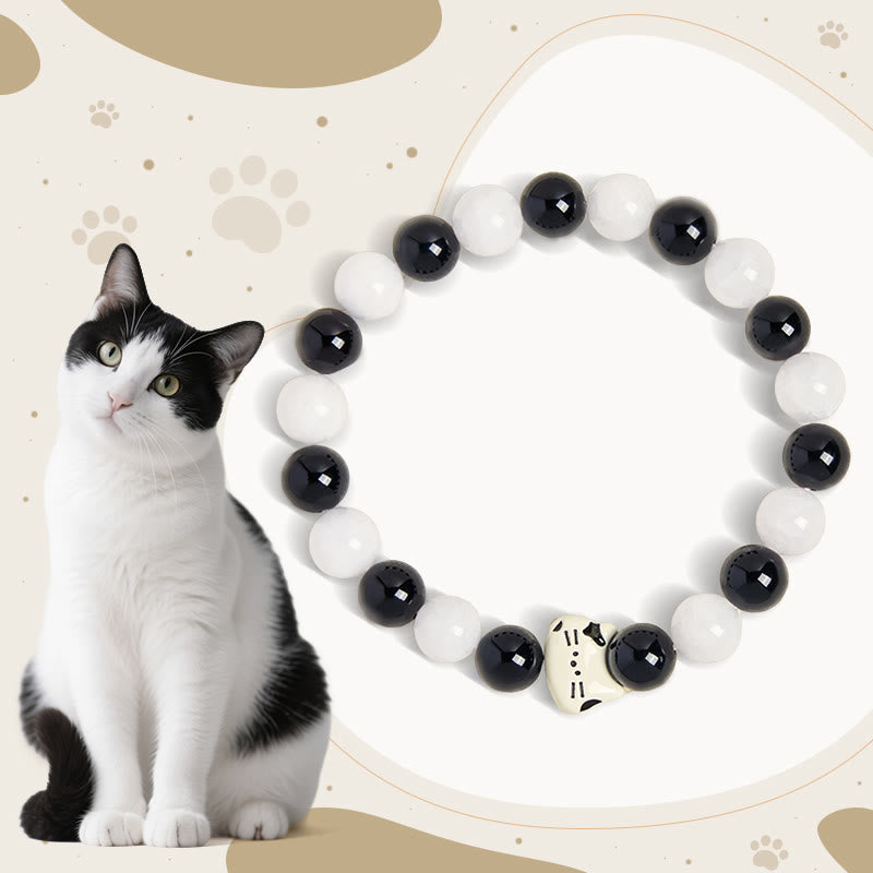 Bicolor Cat Black Onyx White Chalcedony Fortune Bracelet