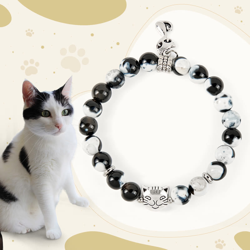 Black and White Cat Fire Agate Bead Love Bracelet