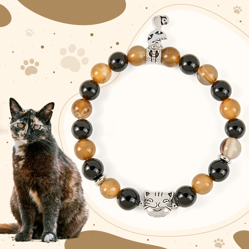 Tortoiseshell Cat Light Brown Striped Agate Black Onyx Protection Bracelet