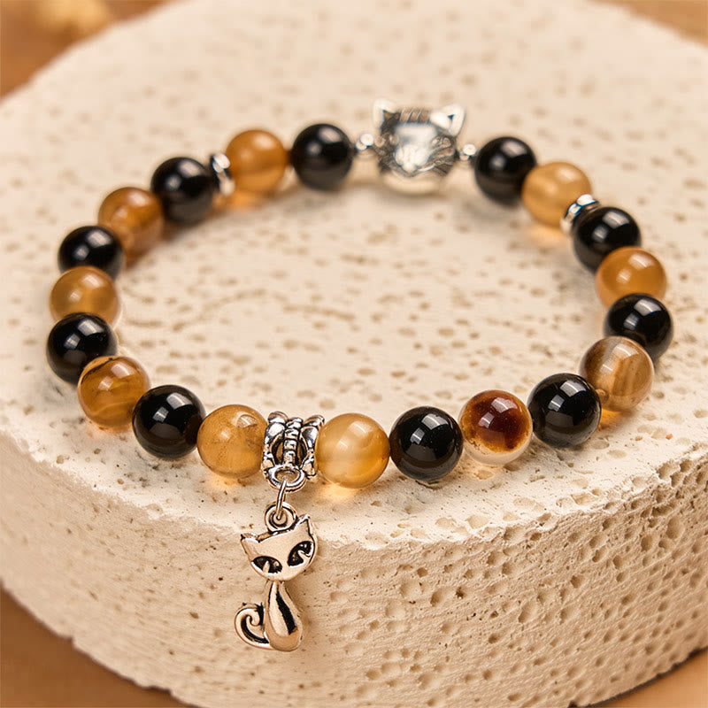 Tortoiseshell Cat Light Brown Striped Agate Black Onyx Protection Bracelet - Image 3