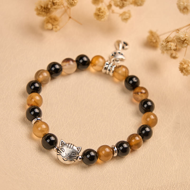 Tortoiseshell Cat Light Brown Striped Agate Black Onyx Protection Bracelet - Image 4