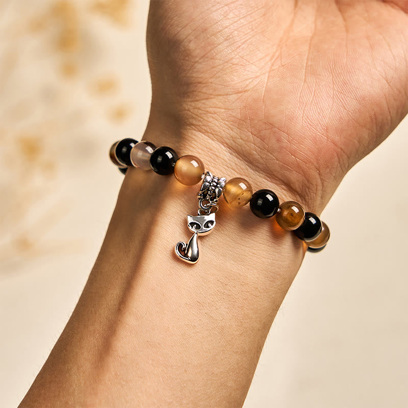 Tortoiseshell Cat Light Brown Striped Agate Black Onyx Protection Bracelet - Image 5