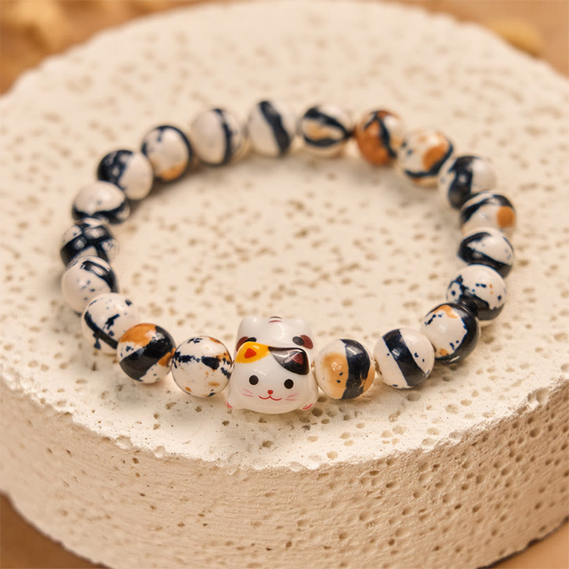 Calico Cat Natural Stone Ceramic Kitten Head Strength Bracelet - Image 3