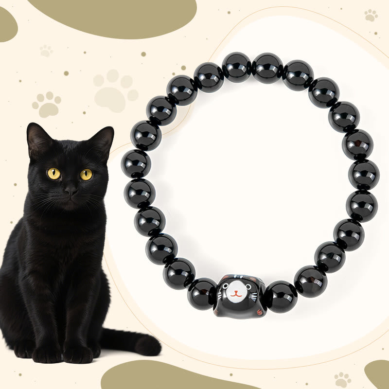 Black Cat Natural Black Onyx Ceramic Kitten Support Bracelet
