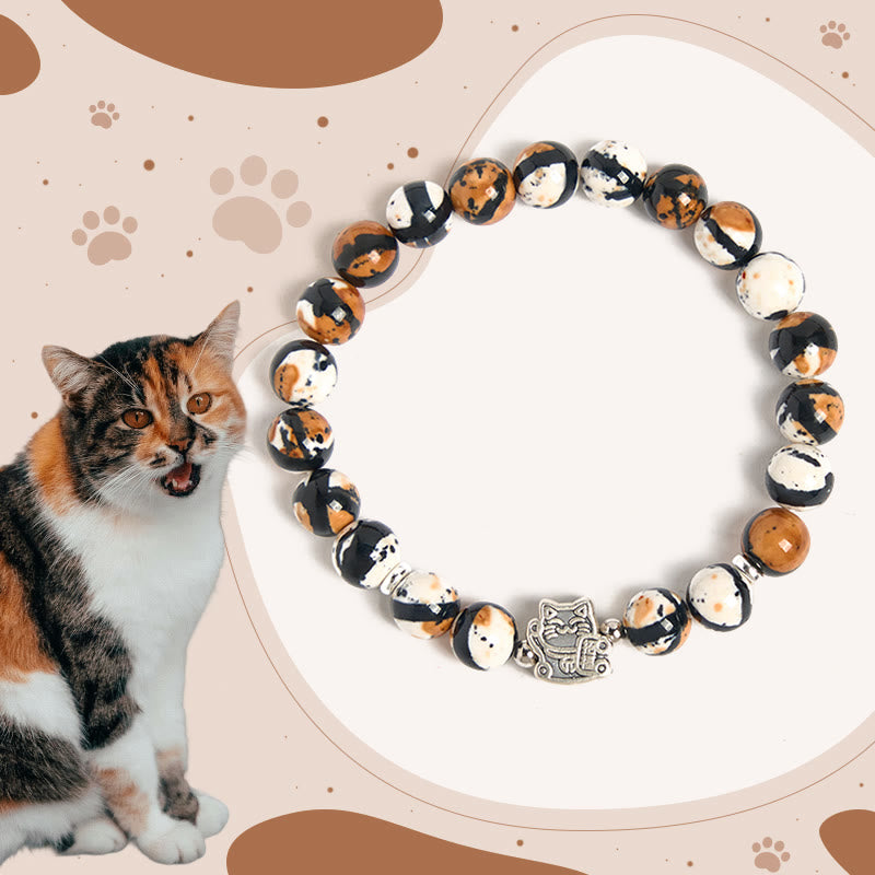 925 Sterling Silver Calico Cat Stone Bead Bracelet