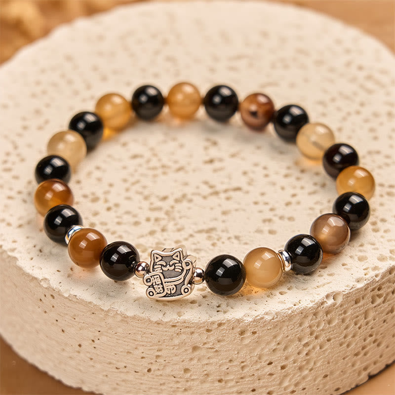 925 Sterling Silver Tortoiseshell Cat Light Brown Striped Agate Black Onyx Bracelet - Image 4