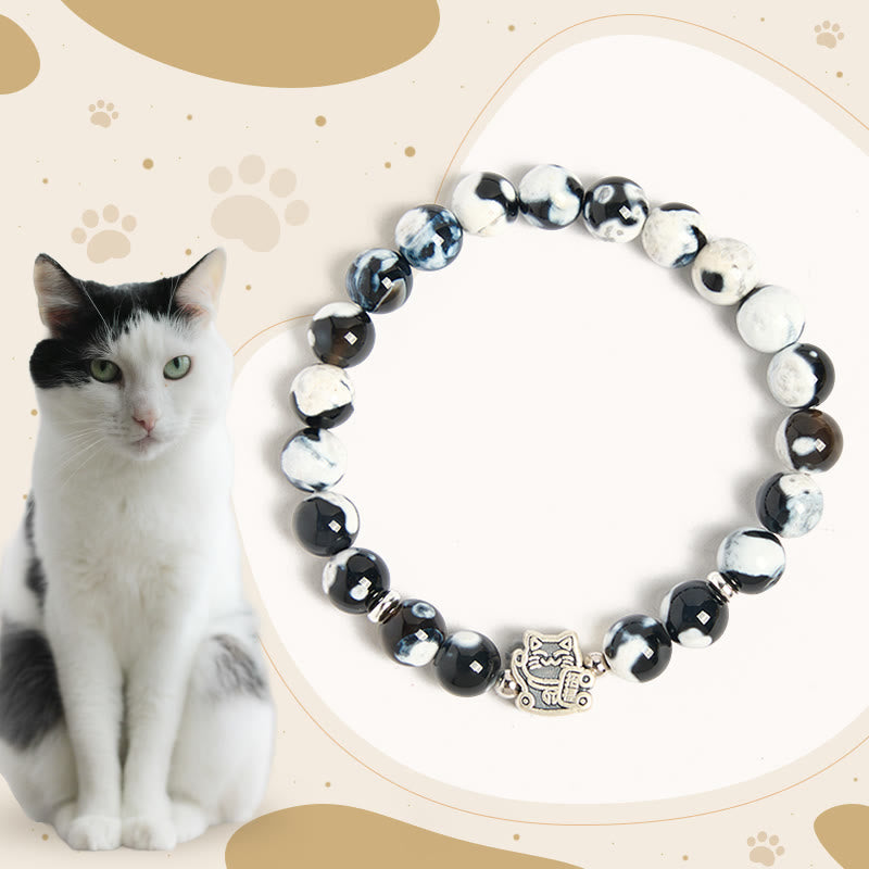 925 Sterling Silver Black and White Cat Fire Agate Bead Love Bracelet