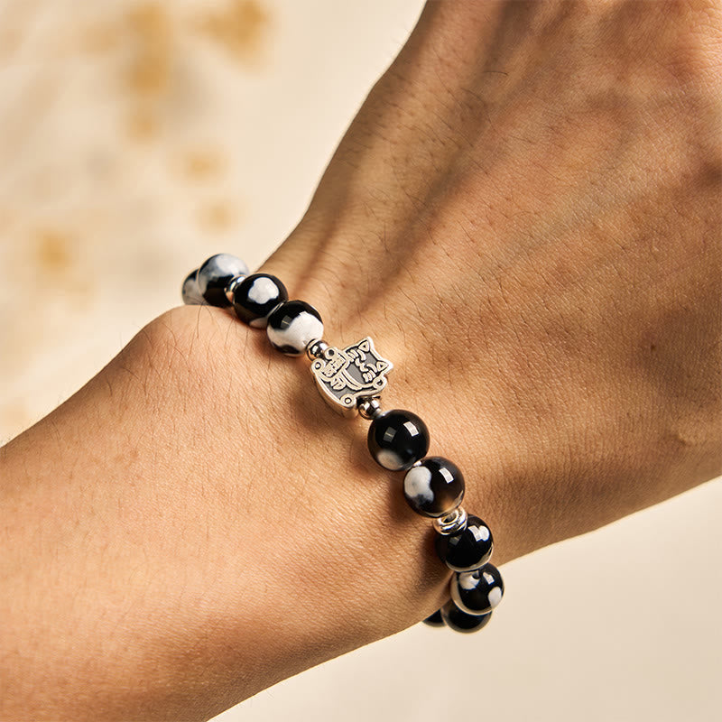 925 Sterling Silver Black and White Cat Fire Agate Bead Love Bracelet - Image 5