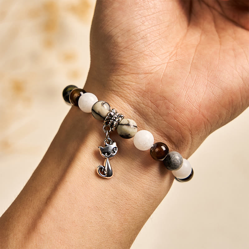 Tricolor Cat Black Veined Jasper Brown Striped Agate Chalcedony Strength Bracelet - Image 5
