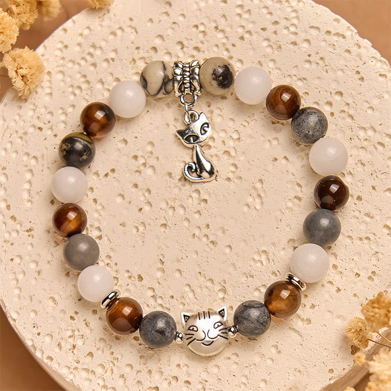 Tricolor Cat Black Veined Jasper Brown Striped Agate Chalcedony Strength Bracelet - Image 3