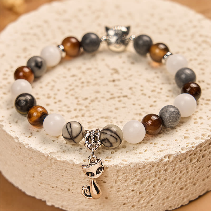 Tricolor Cat Black Veined Jasper Brown Striped Agate Chalcedony Strength Bracelet - Image 4