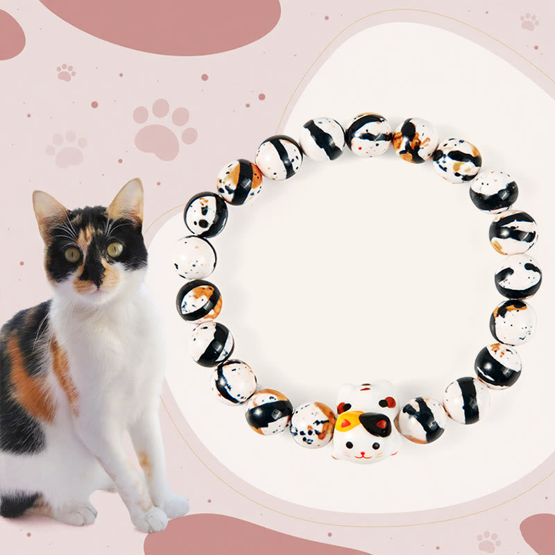 Calico Cat Natural Stone Ceramic Kitten Head Strength Bracelet