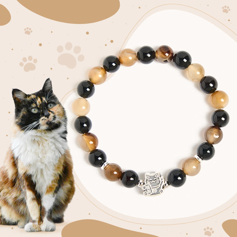 925 Sterling Silver Tortoiseshell Cat Light Brown Striped Agate Black Onyx Bracelet
