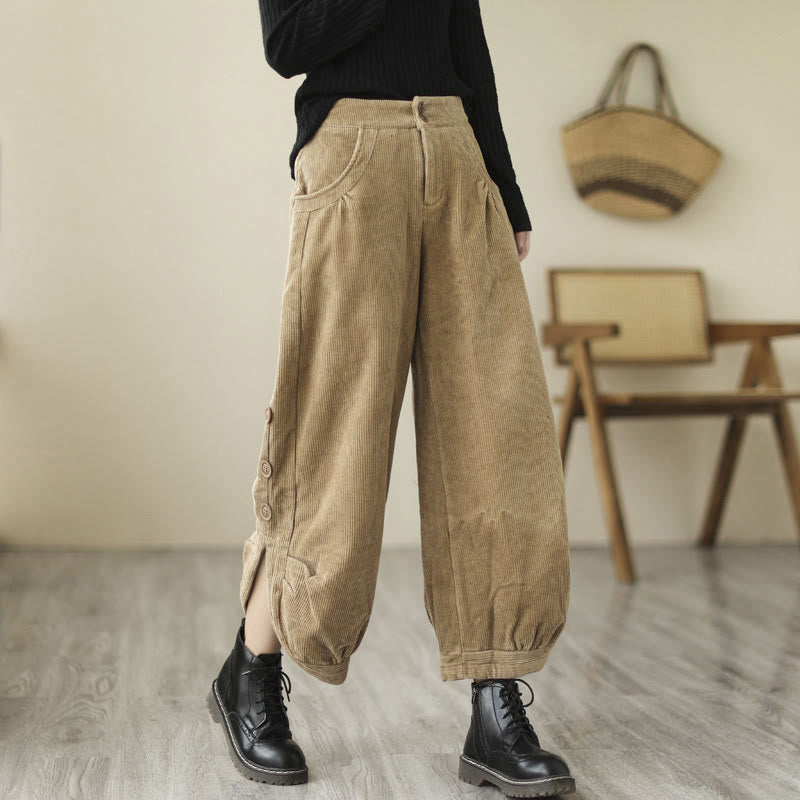 Casual Buttons Leg Opening Design Women's Cotton Corduroy Pants With Pockets