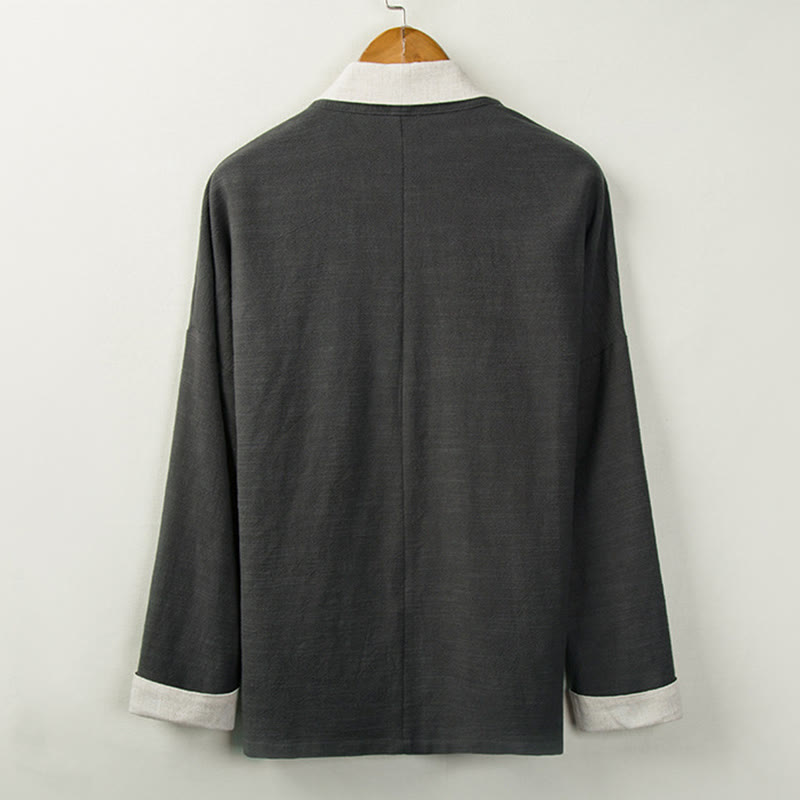 Winter Solid Color Long Sleeve Open Front Jacket Men's Cotton Kimono - Image 5