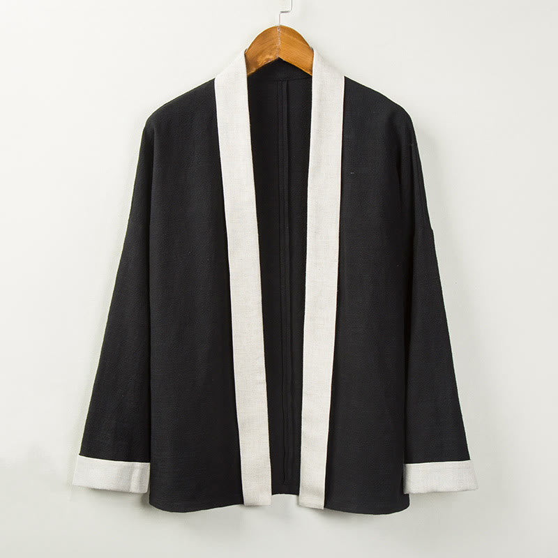 Winter Solid Color Long Sleeve Open Front Jacket Men's Cotton Kimono