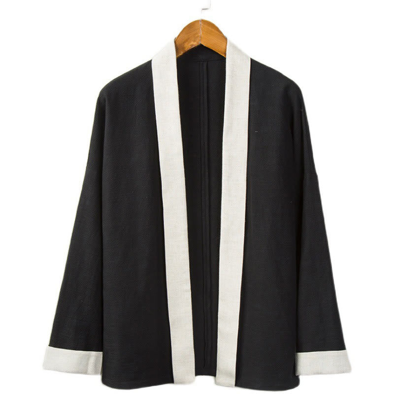 Winter Solid Color Long Sleeve Open Front Jacket Men's Cotton Kimono - Image 3