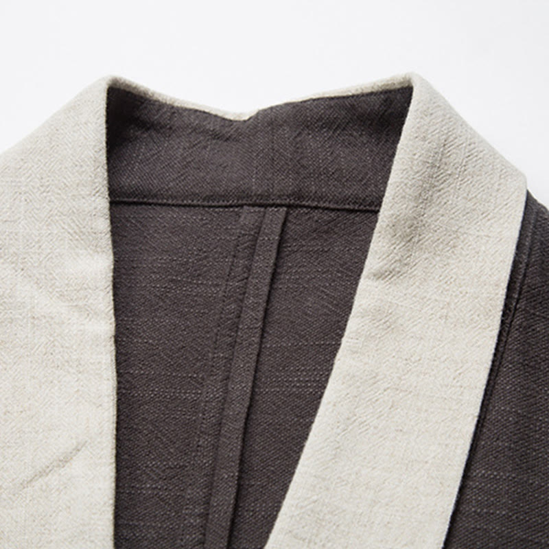 Winter Solid Color Long Sleeve Open Front Jacket Men's Cotton Kimono - Image 6