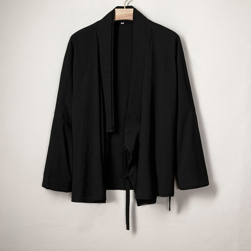 Men's Plain Design Open Front Jacket Cotton Linen Long Sleeve Kimono
