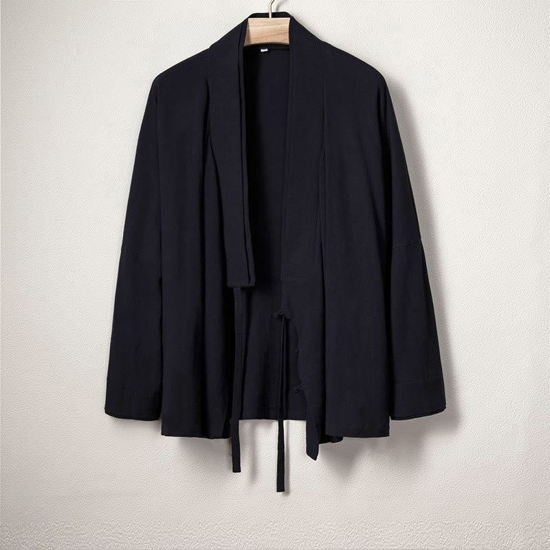 Men's Plain Design Open Front Jacket Cotton Linen Long Sleeve Kimono - Image 3
