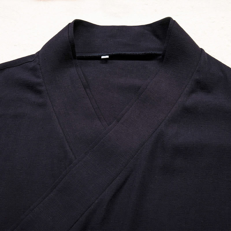 Men's Plain Design Open Front Jacket Cotton Linen Long Sleeve Kimono - Image 5