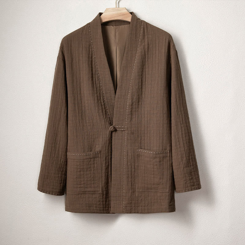 Men's Plain Pleats Frog-Button Open Front Jacket Cotton Linen Long Sleeve Kimono