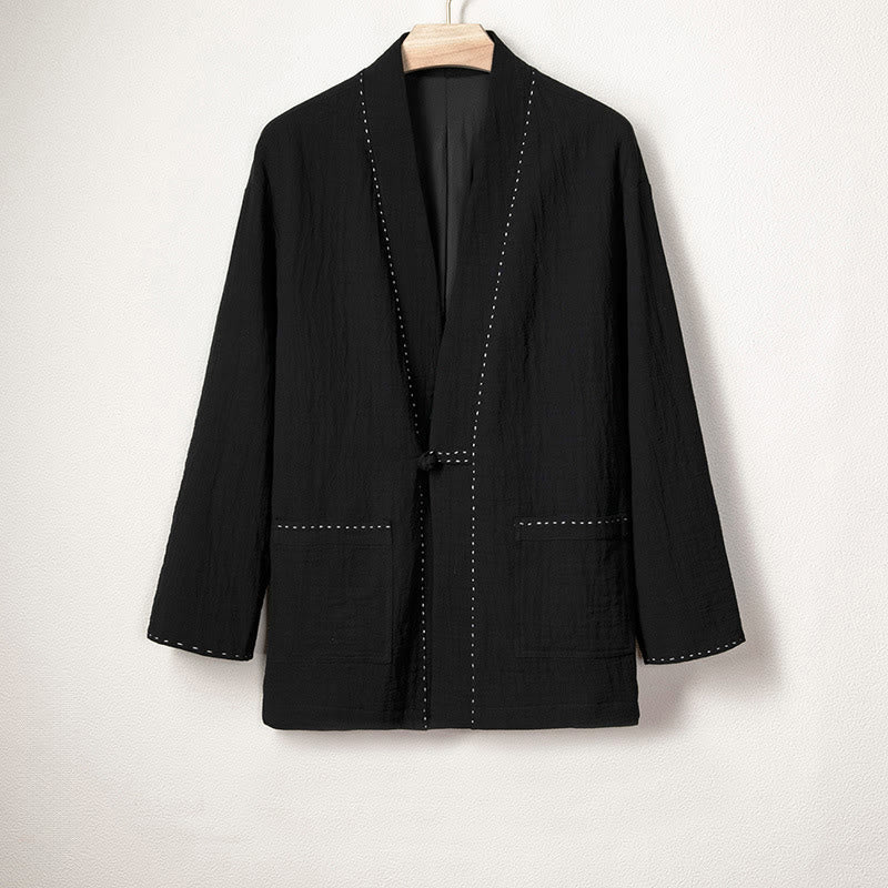 Men's Plain Pleats Frog-Button Open Front Jacket Cotton Linen Long Sleeve Kimono - Image 7