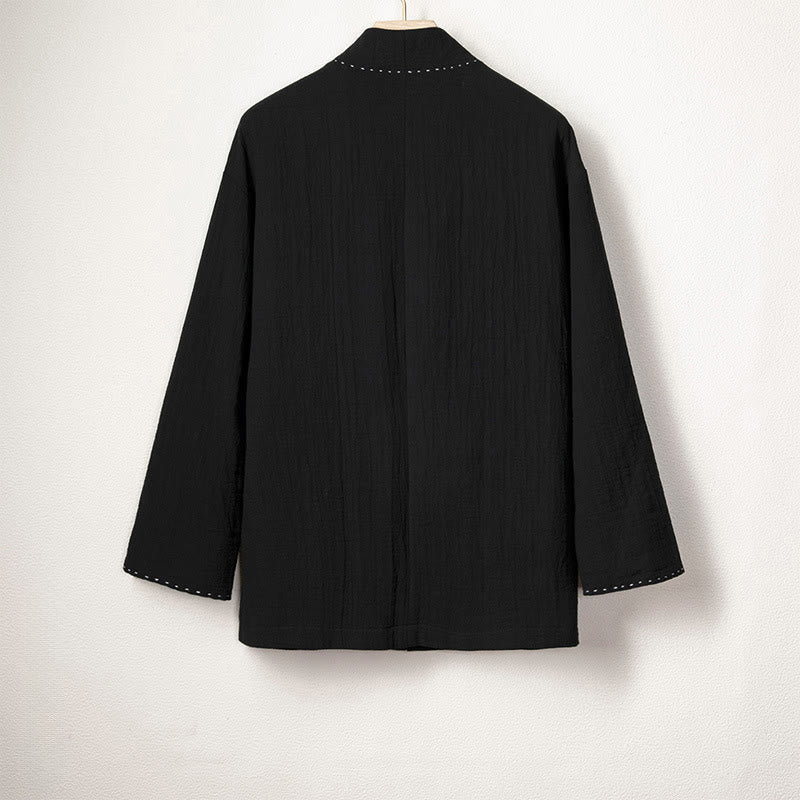 Men's Plain Pleats Frog-Button Open Front Jacket Cotton Linen Long Sleeve Kimono - Image 8