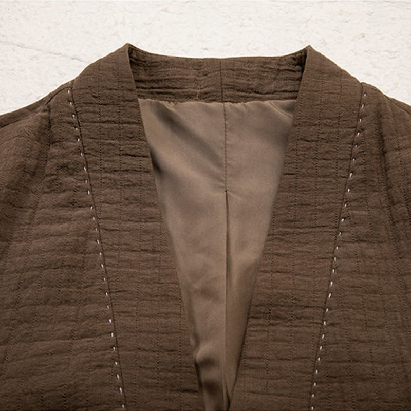 Men's Plain Pleats Frog-Button Open Front Jacket Cotton Linen Long Sleeve Kimono - Image 3