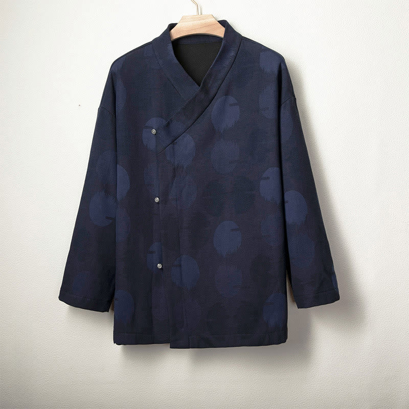 Jacquard Button Men's Cotton Linen Long Sleeve Fleece-Lined Jacket Shirt