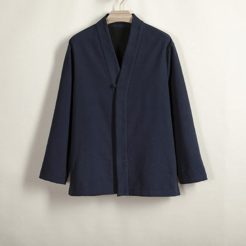 Men's Long Sleeve Frog-Button Open Front Fleece-Lined Cotton Linen Jacket Kimono
