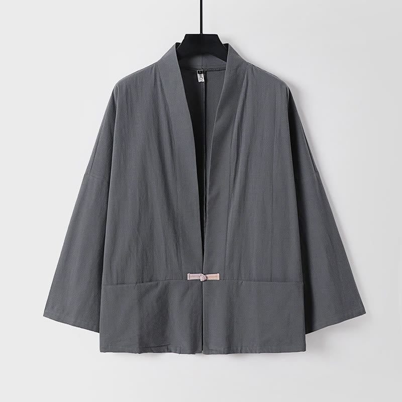 Long Sleeve Buttons Design Men's Open Front Cotton Linen Jacket Kimono With Pockets