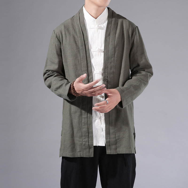 Plain Simple Design Open Front Cotton Linen Men's Long Sleeve Jacket Kimono