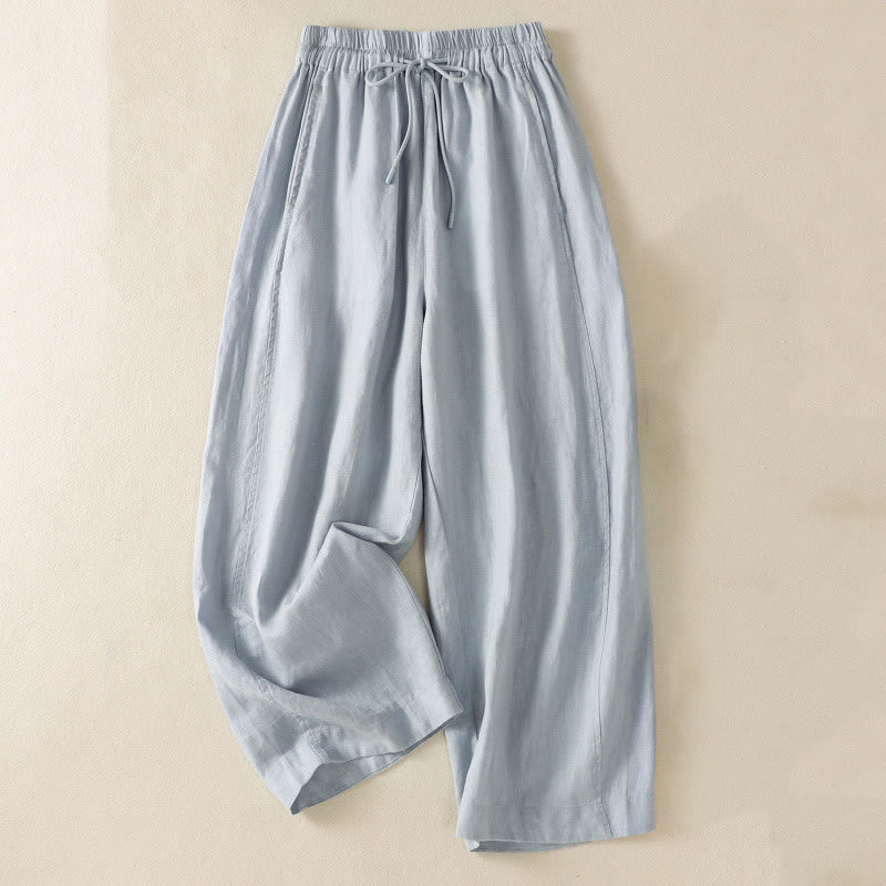 Commute Plain Design Drawstring Cotton Linen Women's Wide Leg Pants With Pockets