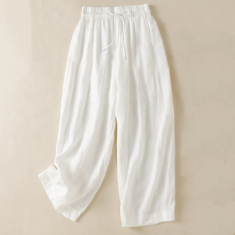 Commute Plain Design Drawstring Cotton Linen Women's Wide Leg Pants With Pockets - Image 29