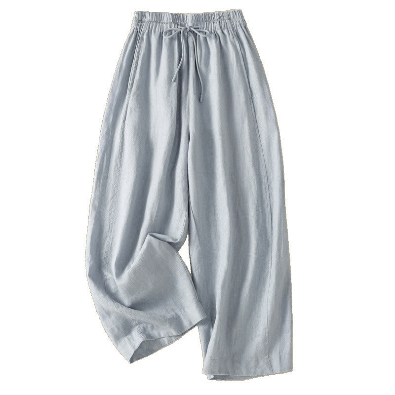 Commute Plain Design Drawstring Cotton Linen Women's Wide Leg Pants With Pockets - Image 7