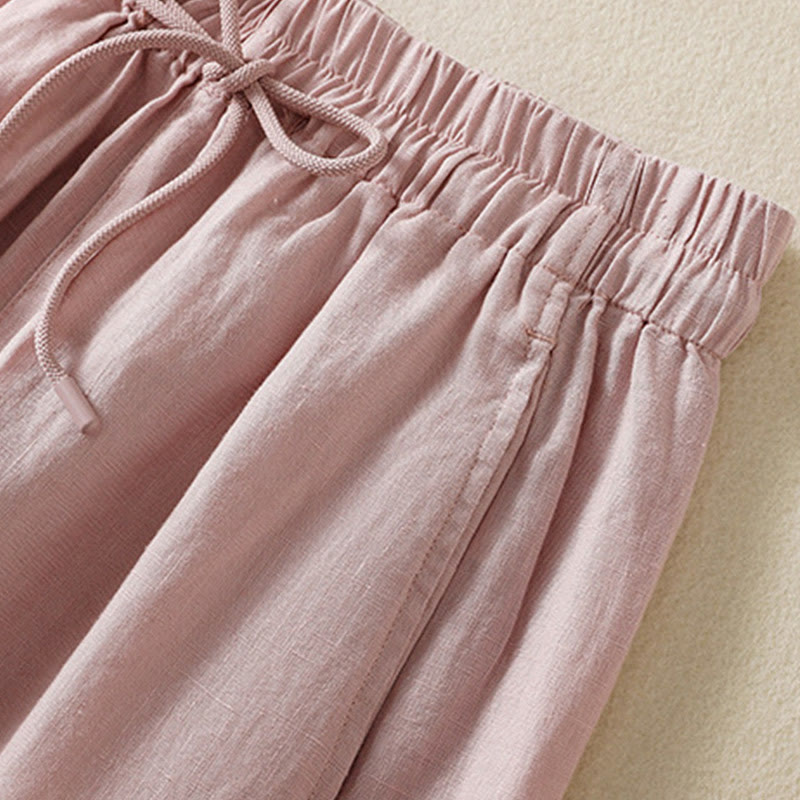 Commute Plain Design Drawstring Cotton Linen Women's Wide Leg Pants With Pockets - Image 23