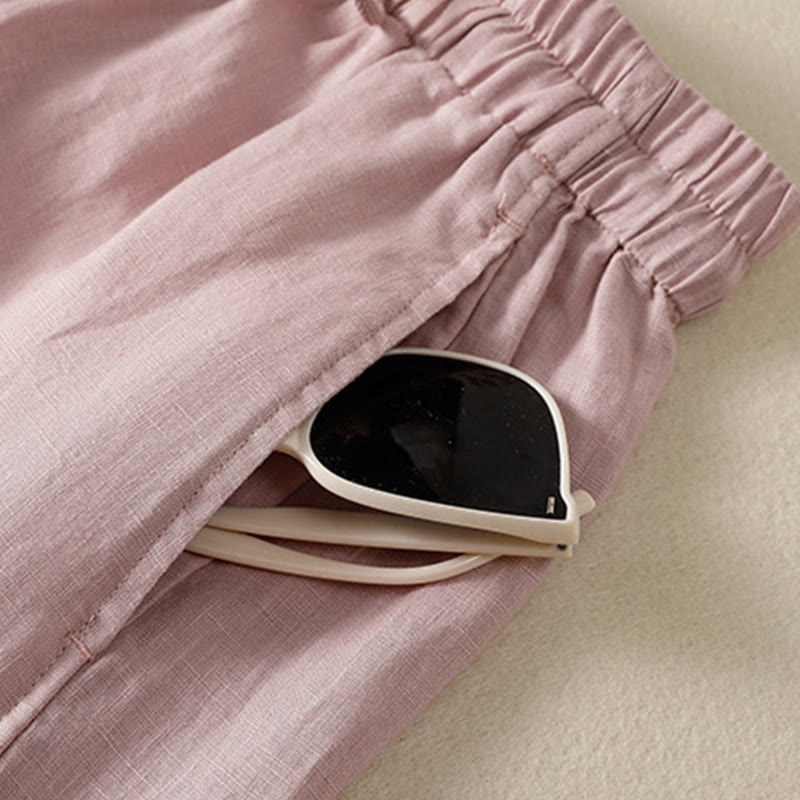 Commute Plain Design Drawstring Cotton Linen Women's Wide Leg Pants With Pockets - Image 25