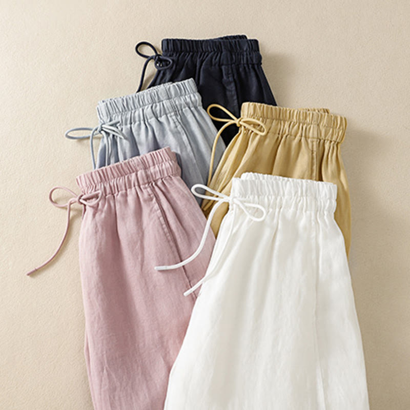 Commute Plain Design Drawstring Cotton Linen Women's Wide Leg Pants With Pockets - Image 36