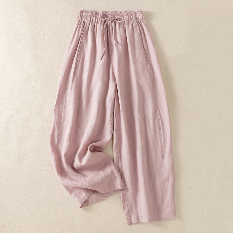 Commute Plain Design Drawstring Cotton Linen Women's Wide Leg Pants With Pockets - Image 20